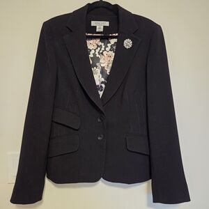 Nine West Black Blazer with Floral Lining Size 12 Suit Jacket